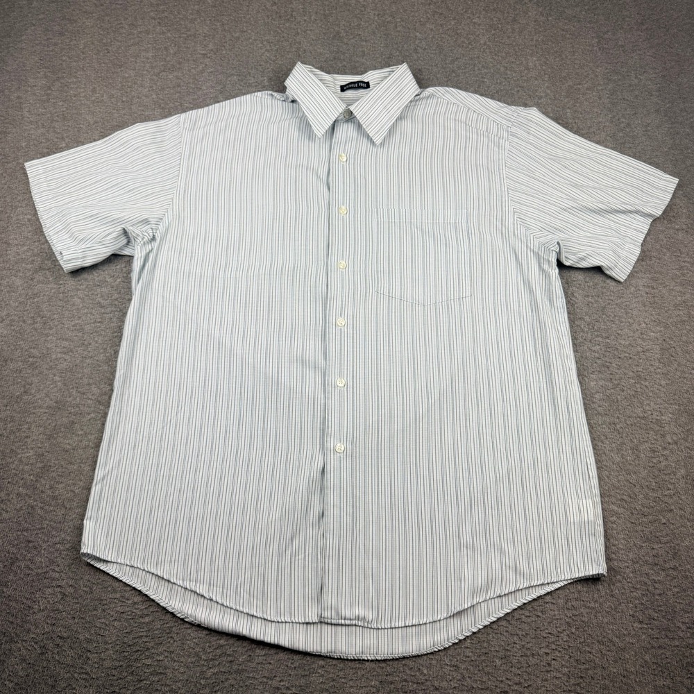 Van Heusen Mens L Wrinkle Free Striped Short Sleeve Button Down Shirt Blue White